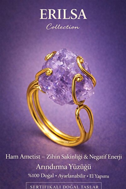 Tesbih Atölyesi Sertifikalı Rokoko Model Ham Ametist Taşı Yüzük - Ayarlamalı