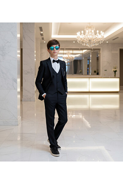 WENA KİDS Černý dětský oblek - bunda, vesta, kalhoty a košile