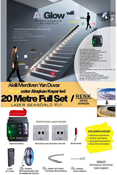 ankarateknik AT-GLOW Lazer Sensör Merdiven Duvar Akışkan Şerit Led Seti / Akı...