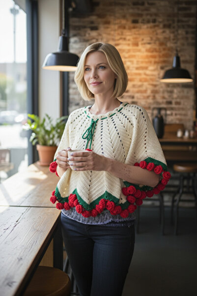 Örgü Sanatı DilekÇak Çiçek Buketi Tasarım Panço 130 Cm Çap 112 Adet Çiçek Buk...