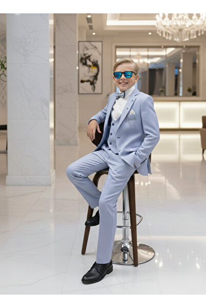 WENA KİDS Children's Suit Jacket Vest Trousers Shirt Set Suit Blue