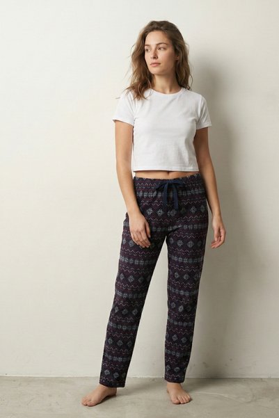 Elemge 100% Cotton Patterned Women's Pajama Bottoms Interlock Fabric Comfortable Fit with Ribbon Navy Blue Christmas Themed