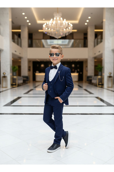 WENA KİDS Çocuk Takım Elbise Ceket Yelek Pantolon Gömlek Set Suit Laci?vert