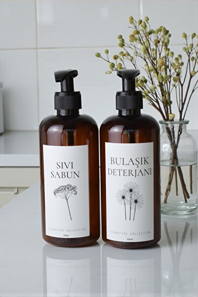 LALEZEN HOME Çiçekli 2li Bulaşık Deterjanı Ve Sıvı Sabun Etiketli Amber Plast...
