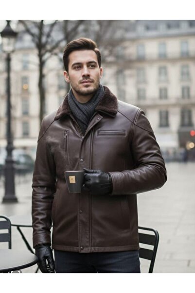 EGE DERİ معطف رجالي بني 100% من جلد الخراف الأصلي مع فرو من الداخل وقابل للإزالة