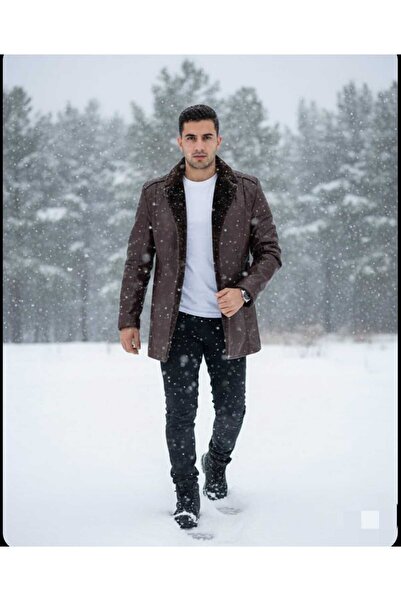 EGE DERİ 100% Genuine Leather Brown Men's Coat with Fur Inside