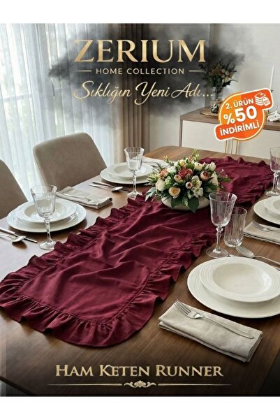 ZERİUM Natural Look Special Design Ruffled Linen Runner Burgundy Gala Series ...