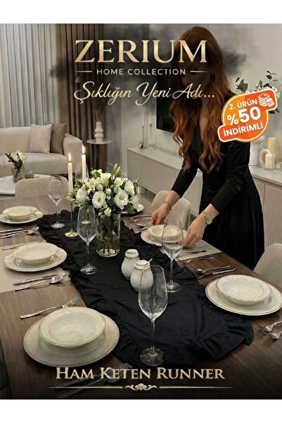 ZERİUM Natural Look Special Design Ruffled Linen Runner Black Prestige Series...