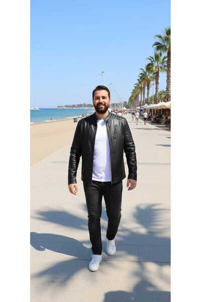 EGE DERİ معطف رجالي أسود من جلد الخراف الأصلي بنسبة 100%