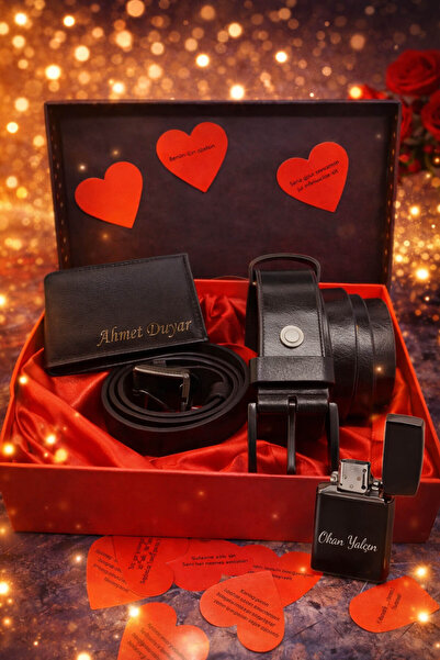 expreshediye İsim Yazılı Çakmak, Cüzdan Kemer Seti, Erkek Sevgiliye  Hediye K...
