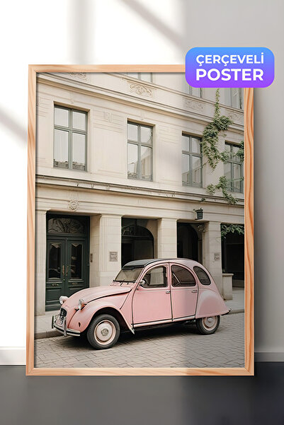 Postifull Ružičasta retro slika automobila u ramu, drveni okvir i poster, zid...