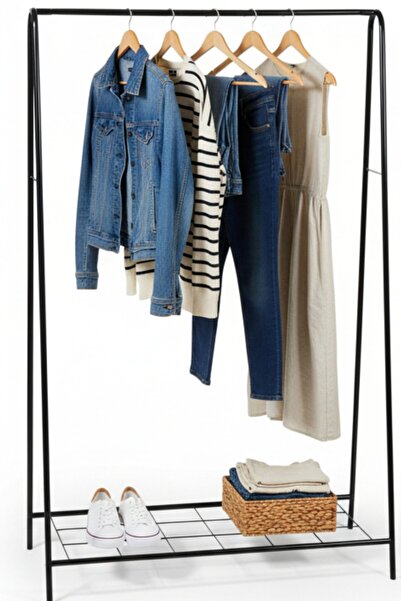 Moemi Askılık metal/Elbise Askılığı/Alt Raflı Minimal Tasarım Siyah - Ayakkab...