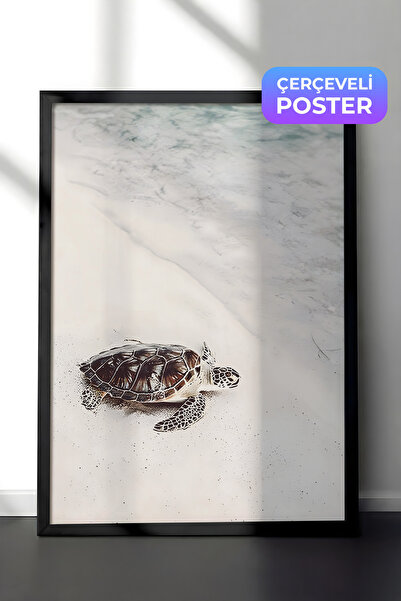 Postifull Kornjača na plaži u uokvirenoj slici, crni okvir i poster, zidna sl...
