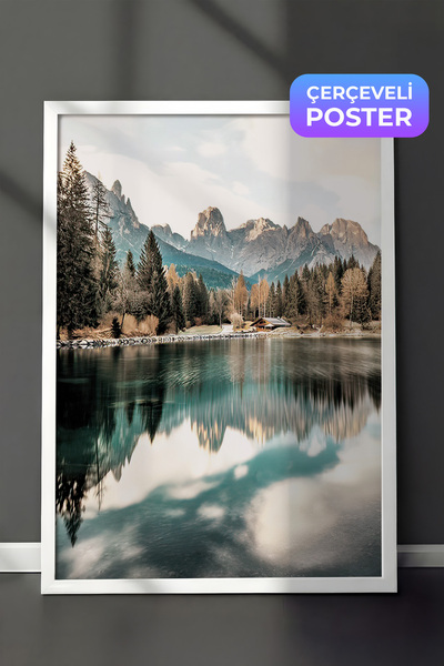 Postifull Lake House Çerçeveli Tablo, Beyaz Çerçeve ve Poster, Dikey Duvar Ta...