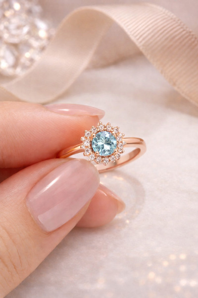 Siset Gümüş 925 Ayar Rose Kaplama Aquamarin Taşlı Gümüş Yüzük