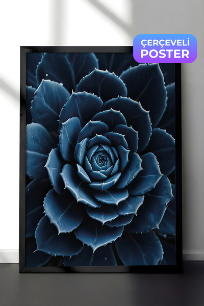 Postifull Slika uokvirena kaktusom plavog cveta, crni okvir i poster, zidna s...