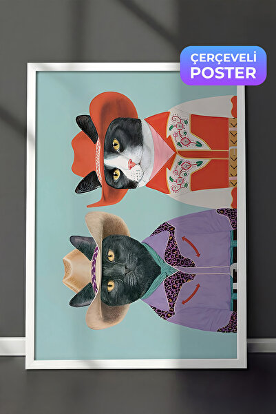 Postifull Beyaz Çerçeveli Tablo, Sanatsal Tasarım Duvar Tablosu, Rodeo Cats A...