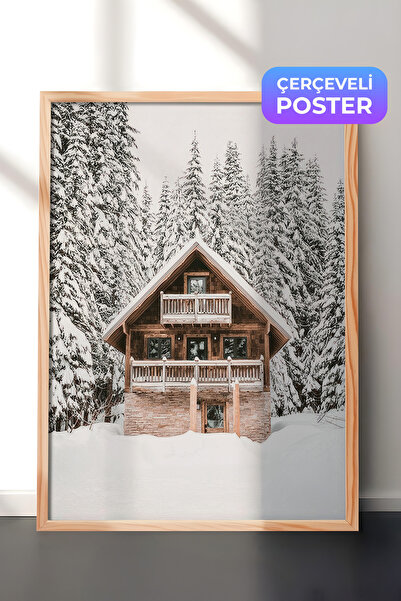 Postifull Slika u ramu sa zimskom vikendicom, drveni okvir i poster, vertikal...