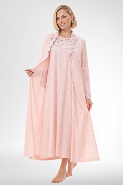 Mecit Pijama Mecit 6313 Pudra Kadın Büyük Beden Sabahlıklı Gecelik Takım