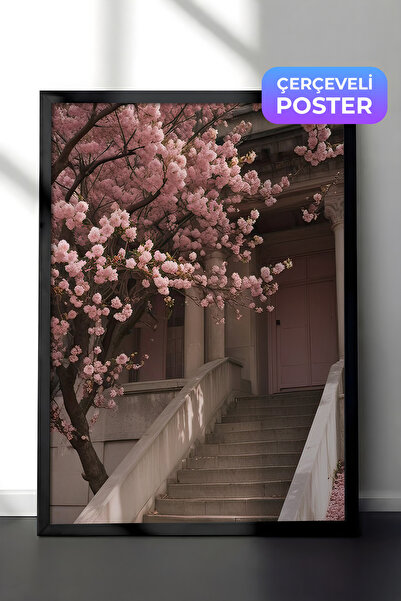 Postifull Slika uokvirena cvetnim stepenicama, crni okvir i poster, zidna sli...