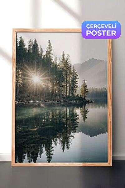 Postifull Slika u ramu sa jutarnjim pogledom na jezero, drveni okvir i poster...