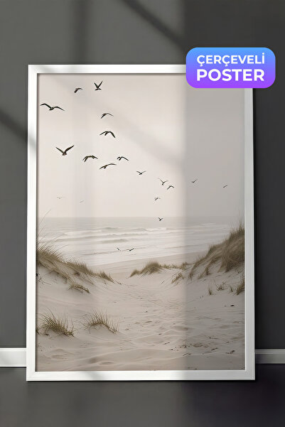 Postifull Ptice pored plaže u uokvirenoj slici, beli okvir i poster, zidna sl...