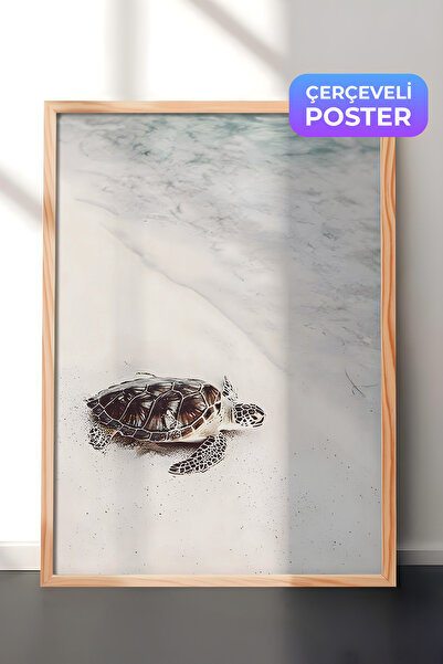 Postifull Kornjača na plaži u uokvirenoj slici, drveni okvir i poster, zidna ...