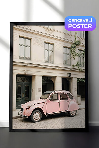 Postifull Ružičasta retro slika automobila u ramu, crni okvir i poster, zidna...