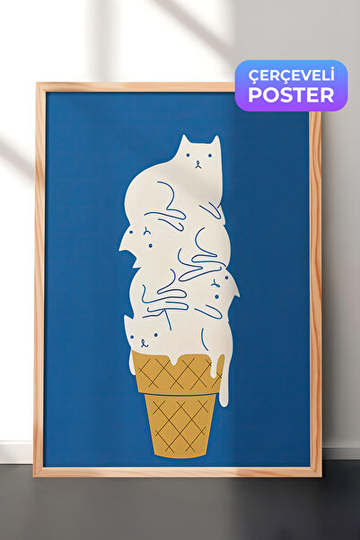 Postifull Ahşap Çerçeveli Tablo, Poster ve Çerçeve Seti, Cats Ice Cream Comfo...