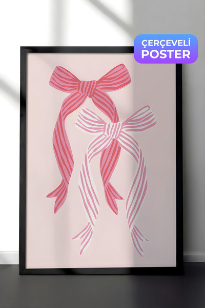 Postifull Siyah Çerçeveli Tablo, Poster ve Çerçeve Seti, Striped Bows in Pink...