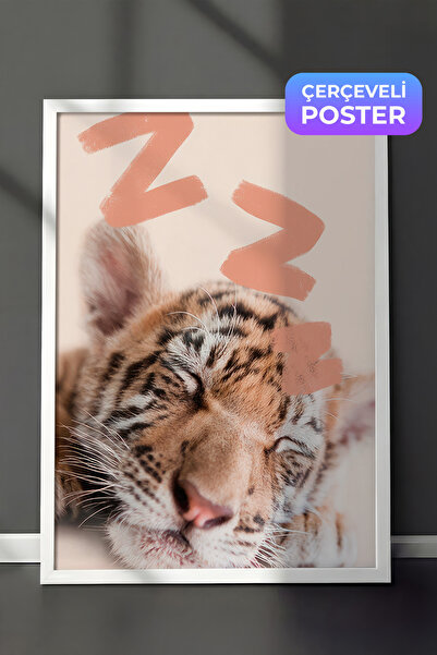 Postifull Slika u ramu sa uspavanim bebinim tigrom, beli okvir i poster, seri...