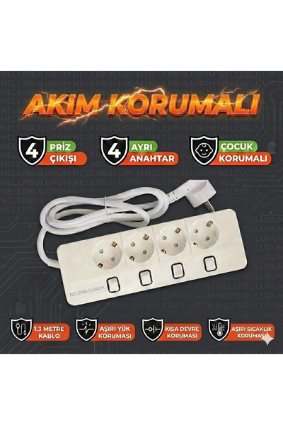 nelerbulurum 4 Ayrı Anahtarlı 1.2 metre Akım Korumalı Priz, 4'lü Priz, 4000W, 16A, 1400 Joule, Dörtlü Grup Priz
