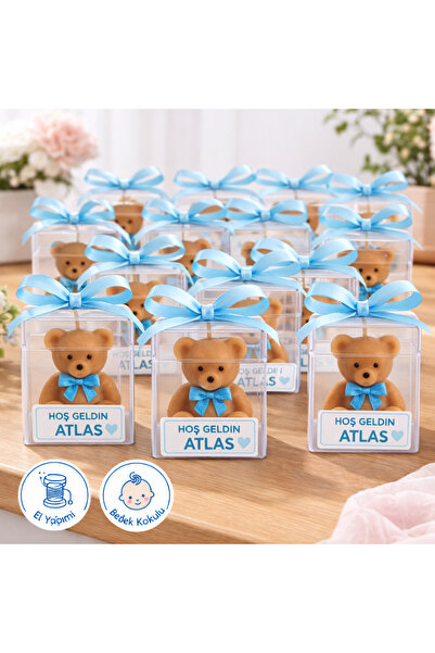LARİNA 30'lu Hoş Geldin Bebek Ayıcık Mum Hediyelik – Erkek Bebek – Mevlid – B...