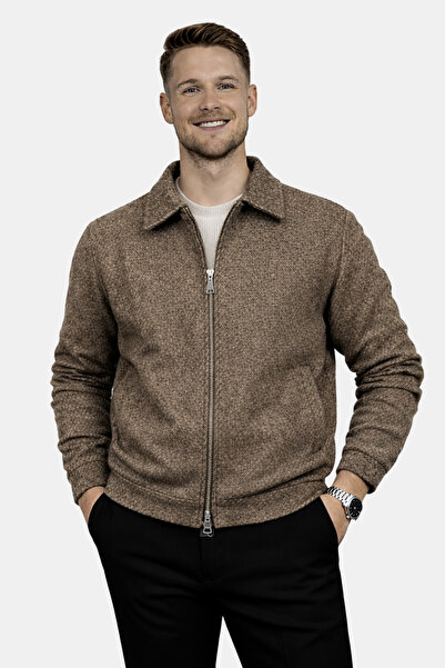 HAVANO Erkek Kahverengi Kısa Dokulu Kaşe Ceket Regular Fit Fermuarlı Kışlık Mont