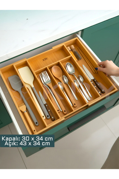 KRY Bambu Ayarlanabilir Kaşıklık Organizer – Çekmece İçi 5-7 Bölmeli Mutfak D...
