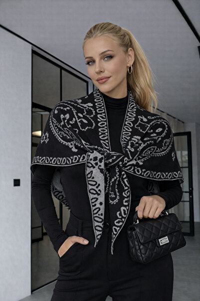 Axesoire S011 Γκρι σάλι από βαμβακερό κουζτέν με έθνικ σχέδια