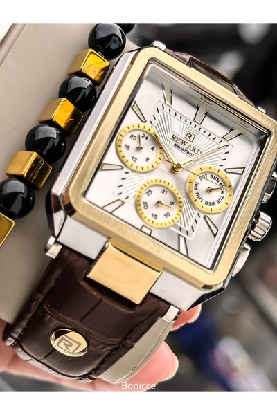 Reward ساعة يد رجالية مربعة الشكل، سوار من الجلد البني، لون ذهبي أصفر، وظائف ...