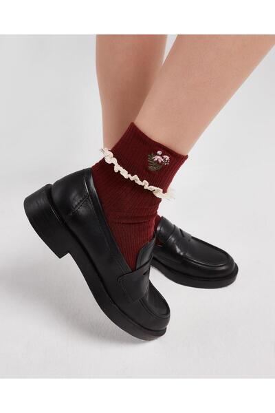 Bolero Kadın Dantelli Nakışlı Çorap Bordo