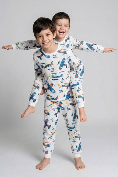 ZUZUNGA Time To FLY Beyaz Desenli Çocuk Pijama Takımı