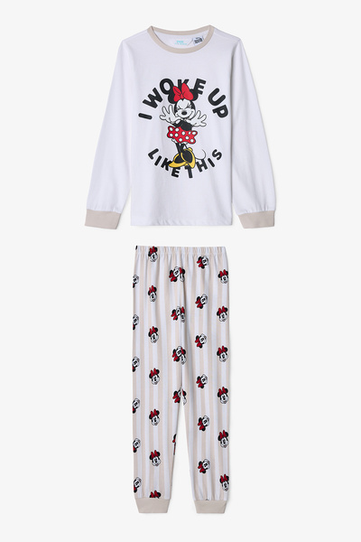Penti Optical White Girl's Minnie Mouse Cotton Long Sleeve 2-Piece Pajama Set