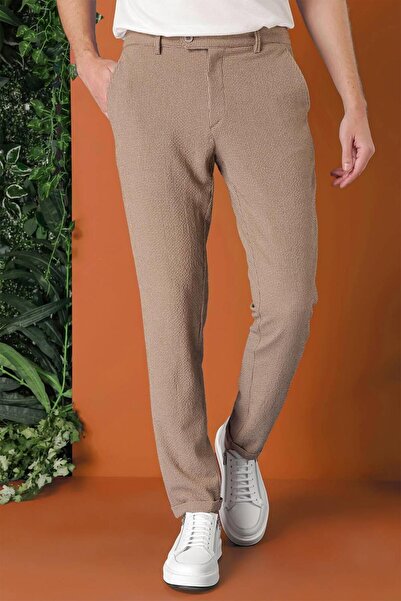 Efor Comfort Fit Beli Lastikli Pötikareli Casual Bej Pantolon P 1149