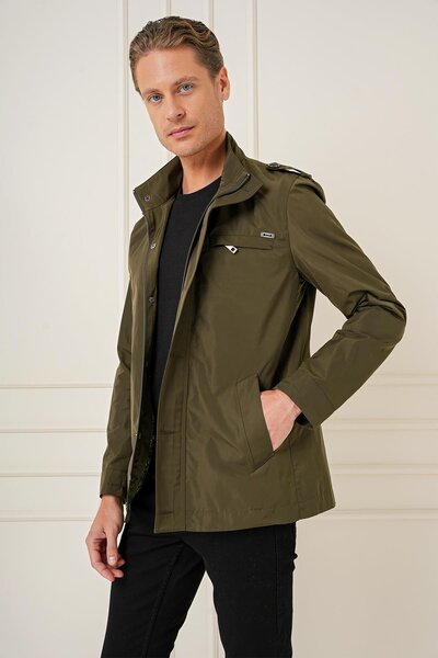 Efor Hakim Yaka Düğme ve Fermuarlı Yan Cepli Mevsimlik Haki Mont Ka 077