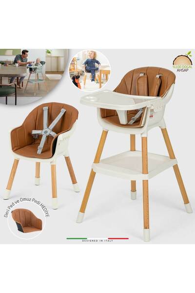 Elele Verona 2 4in1 Ahşap Bebek Mama Sandalyesi ve Mama Oturağı Deri Pedli Ekru