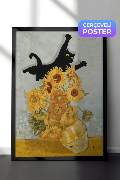 Postifull Siyah Çerçeveli Tablo, Cat Print Van Gogh, Comfort Serisi Mutfak Du...