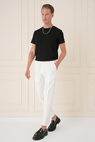 Efor Comfort Fit Çift Pileli Dokulu Esnek Pamuk Ekru Pantolon P 1158