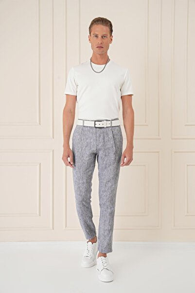 Efor Comfort Fit Beli Lastikli Pileli Keten Casual Lacivert Pantolon P 1145