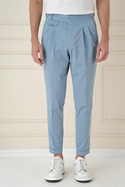 Efor Comfort Fit Beli Tokalı Çift Pileli Havacı Mavi Jogger Pantolon P 1172