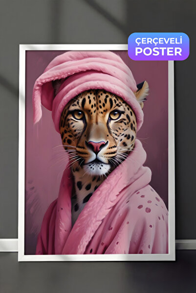 Postifull Beyaz Çerçeveli Tablo, Leopard In A Bathrobe, Comfort Serisi Mutfak...