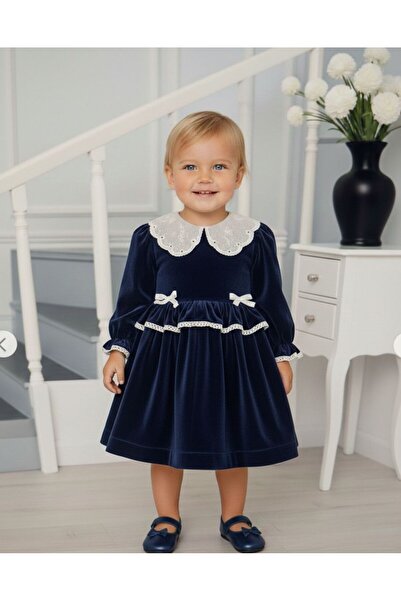 Eray Kids Kız Bebek Elbise Kadife Kız Bebek Dantel Detaylı Bebe Yaka Şık Elbi...
