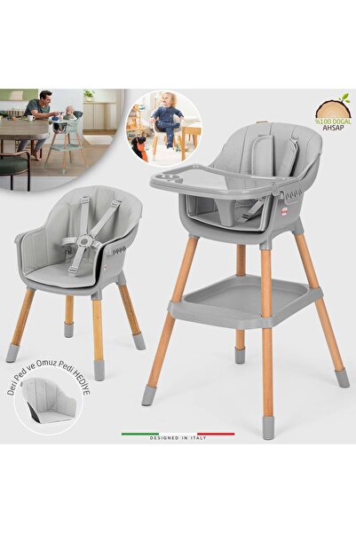 Elele Verona 2 4in1 Ahşap Bebek Mama Sandalyesi ve Mama Oturağı Deri Pedli Gri